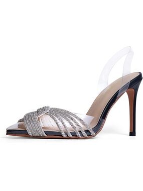 Silver Crystal Strappy Stiletto Slingback Heel - Women